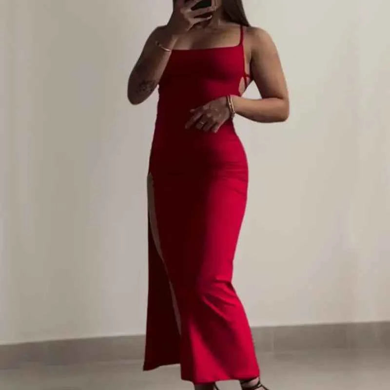 Red & Black Slit Back Lace-Up Dresses