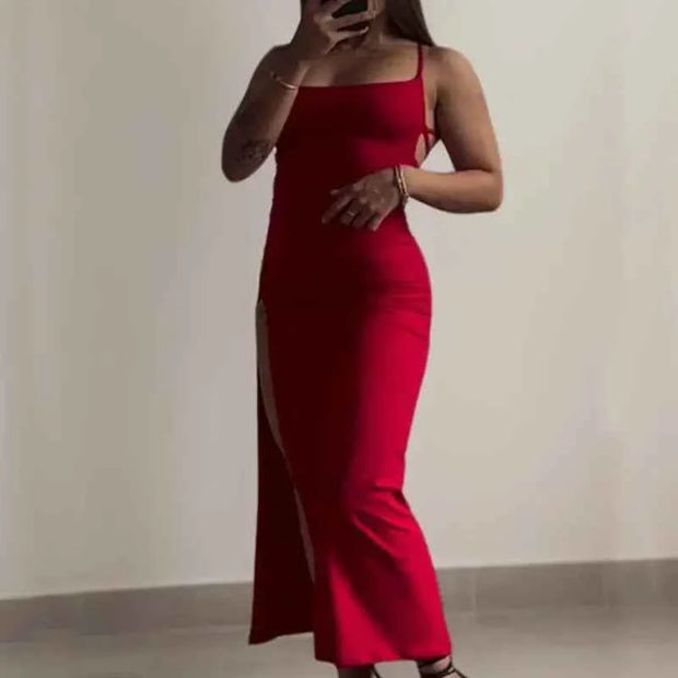 Red & Black Slit Back Lace-Up Dresses