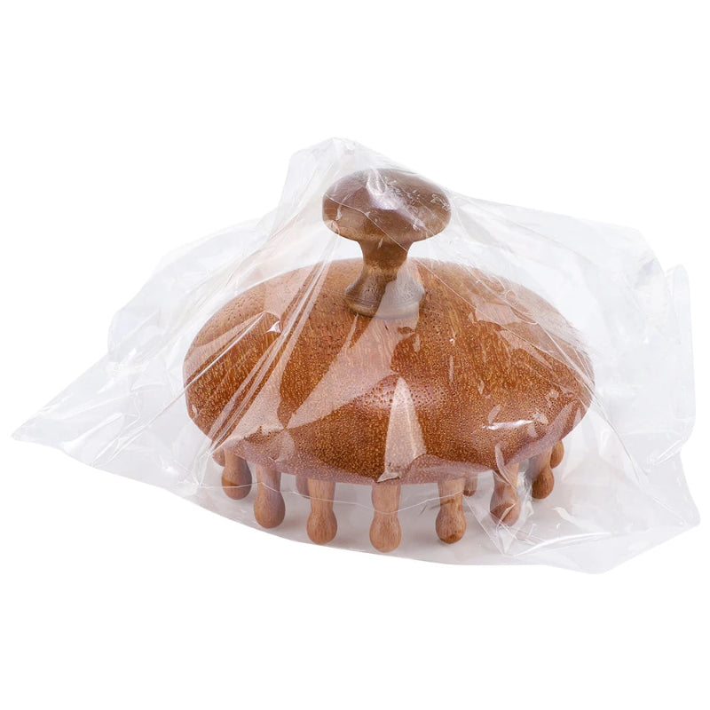 Wooden Body Massage Brush with 28 and 33 Rounded Comb Teeth, Finger Grip Handle & Hand Strap