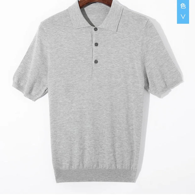 Men’s Short-Sleeve Knit Polo Sweater with Button Placket and Ribbed Hem