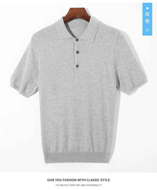 Men’s Short-Sleeve Knit Polo Sweater with Button Placket and Ribbed Hem