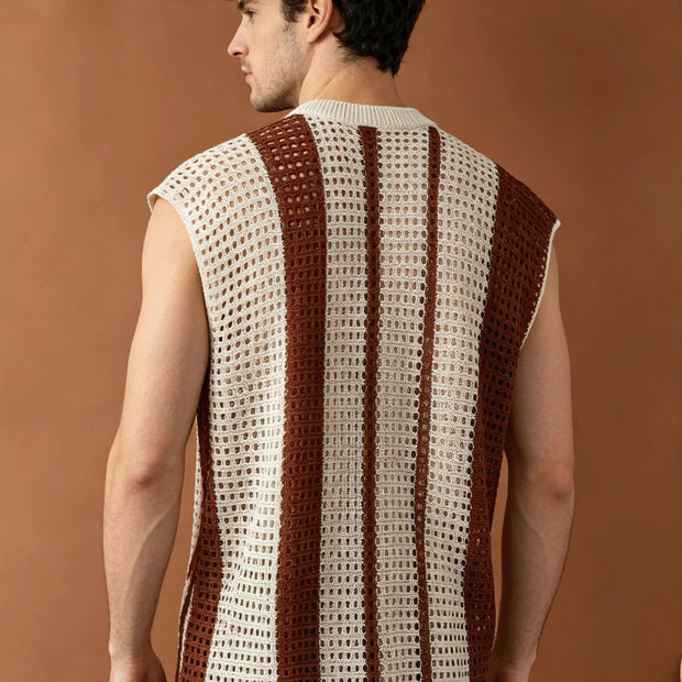 Men’s Striped Open-Knit Sleeveless Sweater Vest with Crew Neck