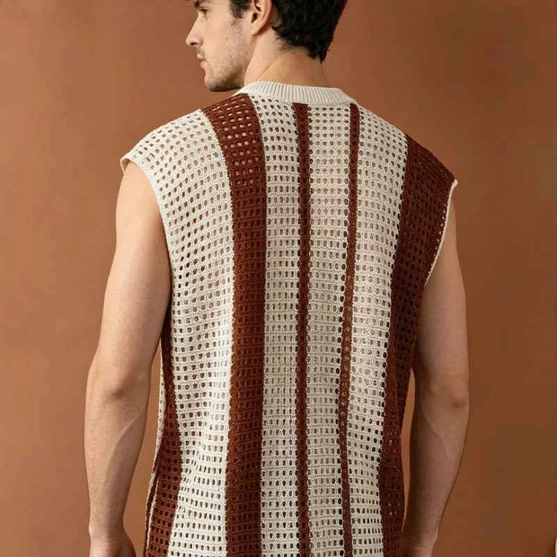 Men’s Striped Open-Knit Sleeveless Sweater Vest with Crew Neck