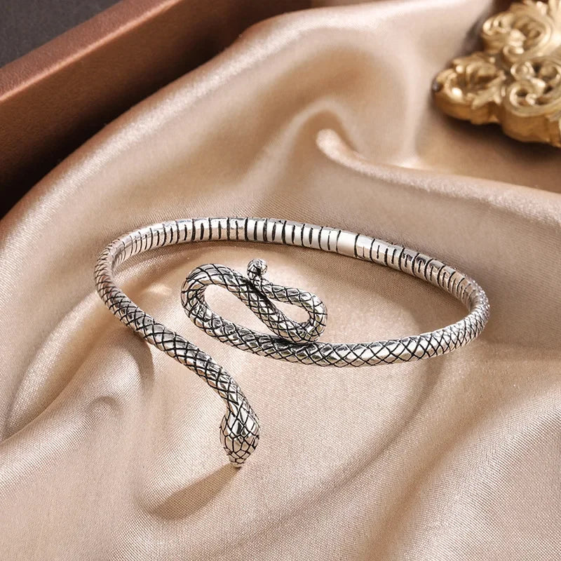 Silver-Tone Snake Cuff Bracelet – Textured Open Bangle Bracelet