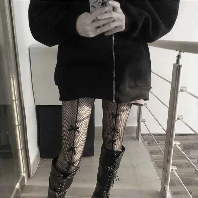Fishnet Stockings with Bow Detailing | White & Black Lace-Up Hosiery