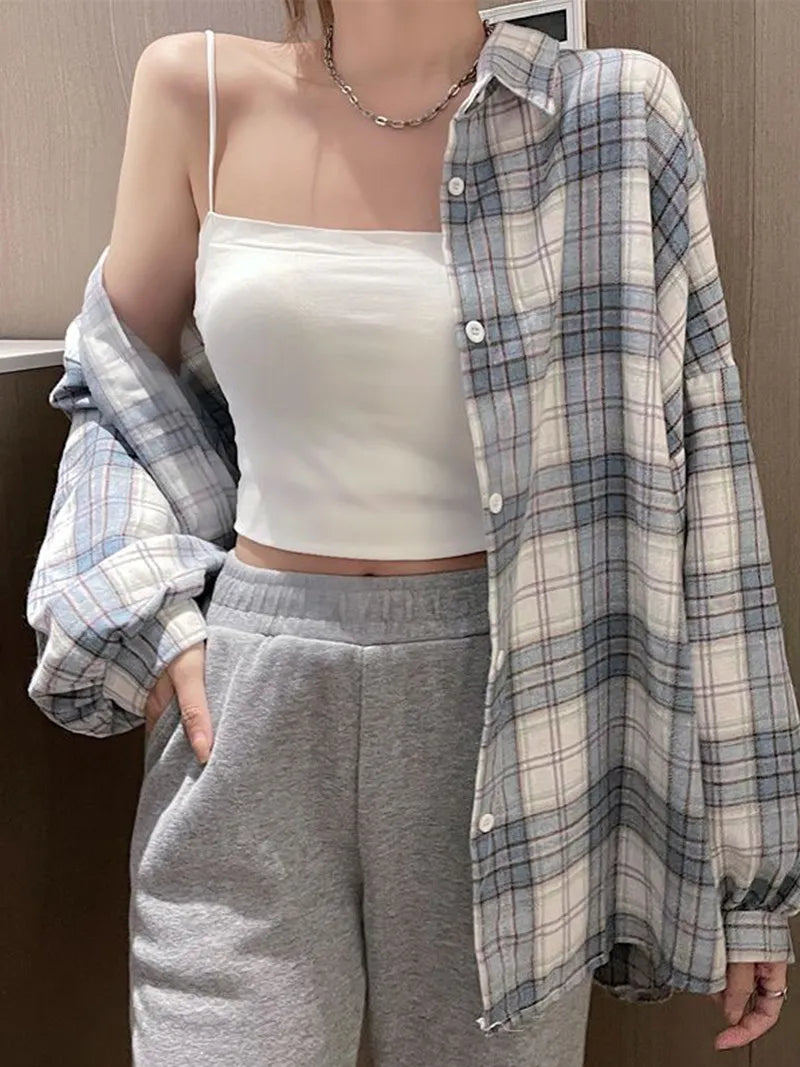Women's Plaid Button-Up Shirt – Long Sleeve Loose Fit Casual Blouse