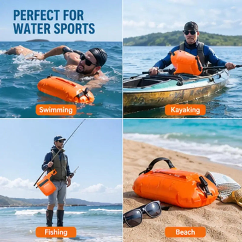 Orange Waterproof Swim Buoy Dry Bag with Touchscreen Phone Pouch and Adjustable Strap