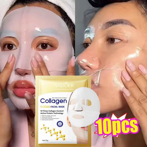SADOER 10pcs Korean Collagen Facial Mask Anti Wrinkle Anti Aging Moisturizing Brightening Skin Care Mask