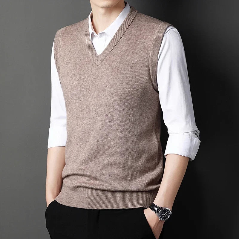 Men's Solid Color V-Neck Knitted Vest – Casual Sleeveless Sweater Top
