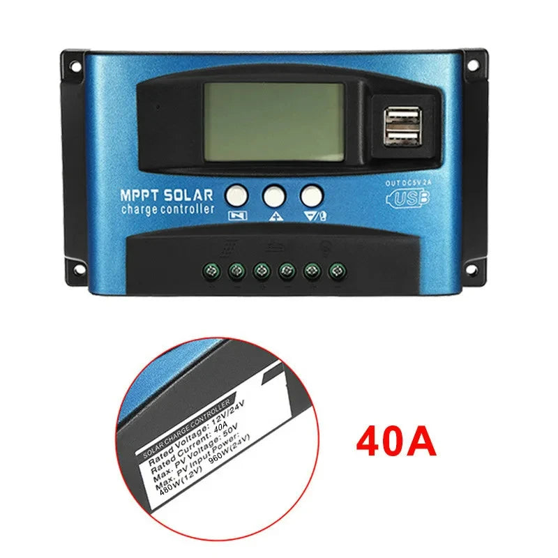 MPPT Solar Charge Controller 30A 40A 50A 60A 100A 12V/24V Battery Charger with LCD Display & USB Output