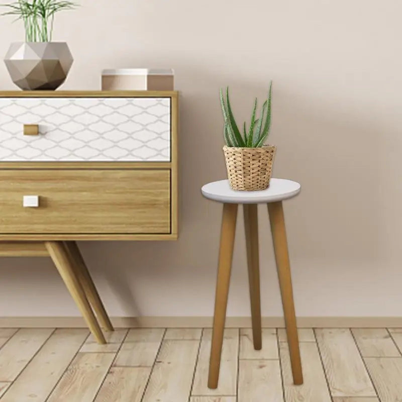 Wooden Round 3-Leg Flower Stand – White Top Plant Display Table in Two Sizes