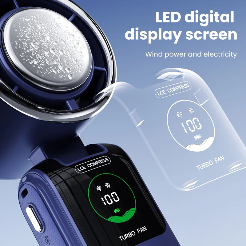 100-Speed Folding Handheld Cooling Fan with TEC Ice Cooling, LED Display & Neck-Hanging Design