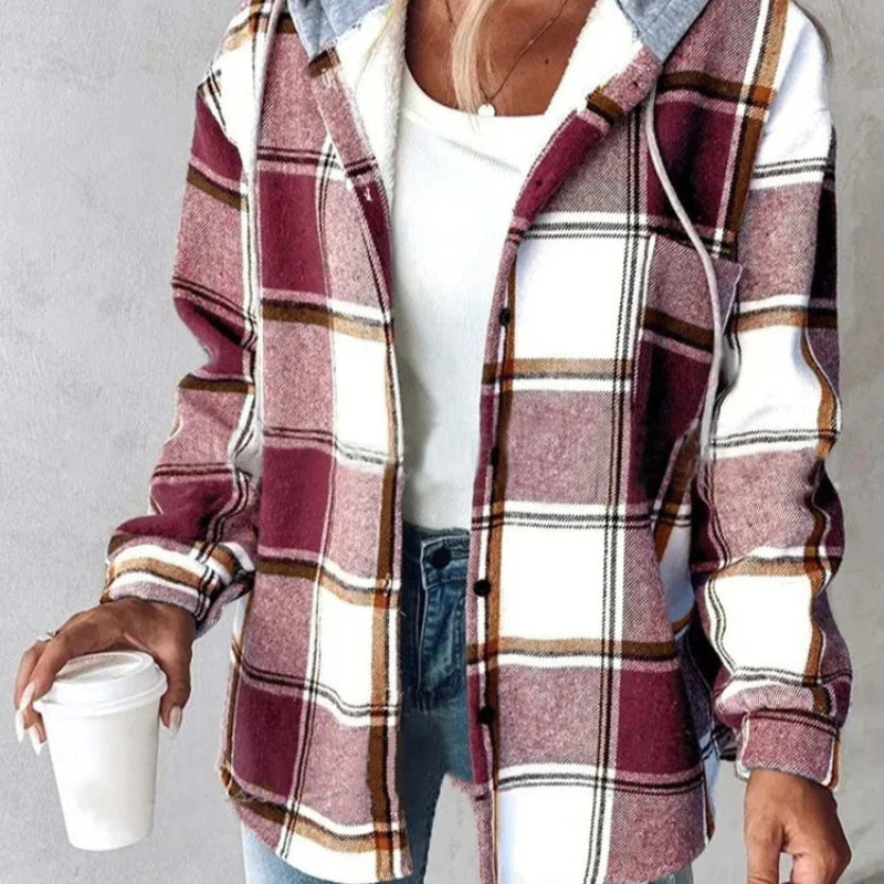 Women's Plaid Hooded Jacket – Long Sleeve Button-Up Casual Coat
