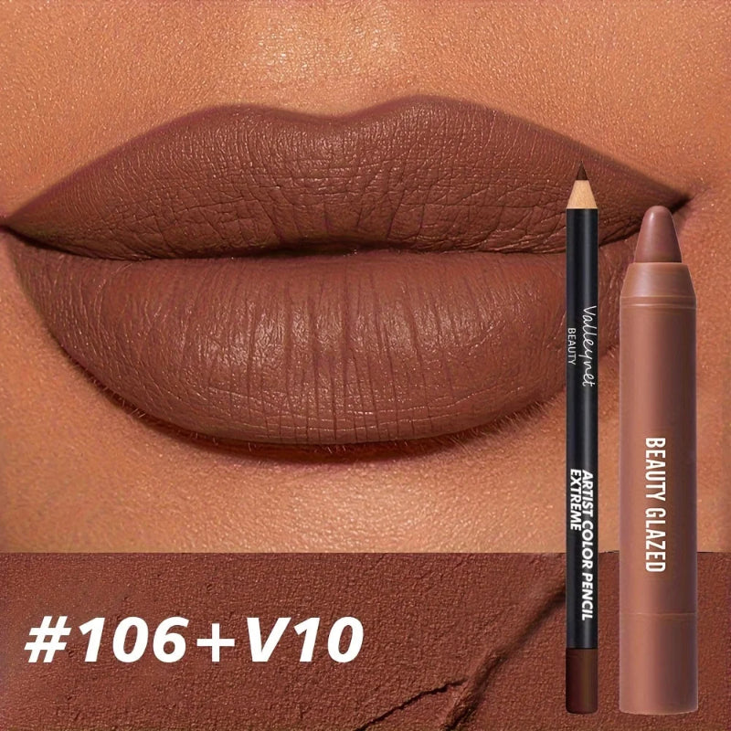2pcs Matte Lip Liner & Lip Gloss Set Long-Lasting Waterproof Lip Makeup Combo