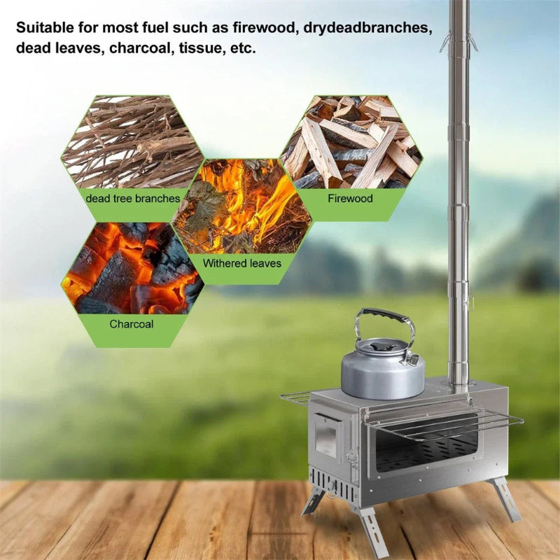 UNHO Hot Tent Wood Burning Stove Portable Camping Stove with 6 Stainless Steel Chimney Pipes for Outdoor Heating & Cooking