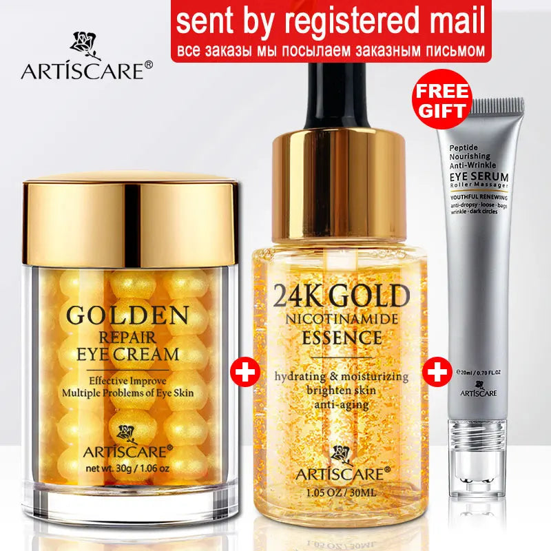 ARTISCARE 24K Gold Serum Set 3PCS – Hydrating Face Essence, Golden Repair Eye Cream & Anti-Wrinkle Skin Care Kit