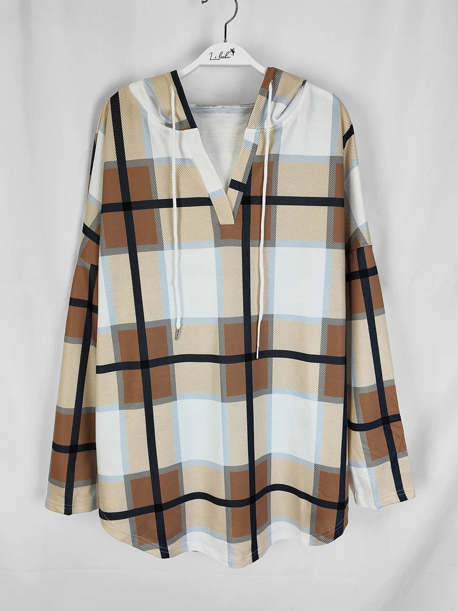 Women's Plus Size Plaid Hooded Tunic – Long Sleeve Drawstring Pullover Top