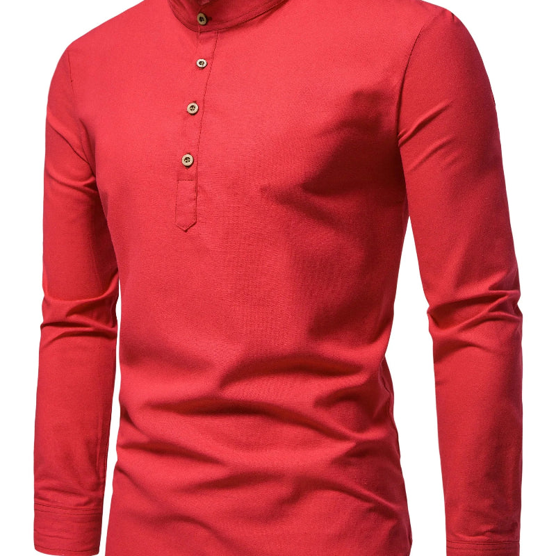 Men’s Long Sleeve Mandarin Collar Button Shirt with Multiple Color Options