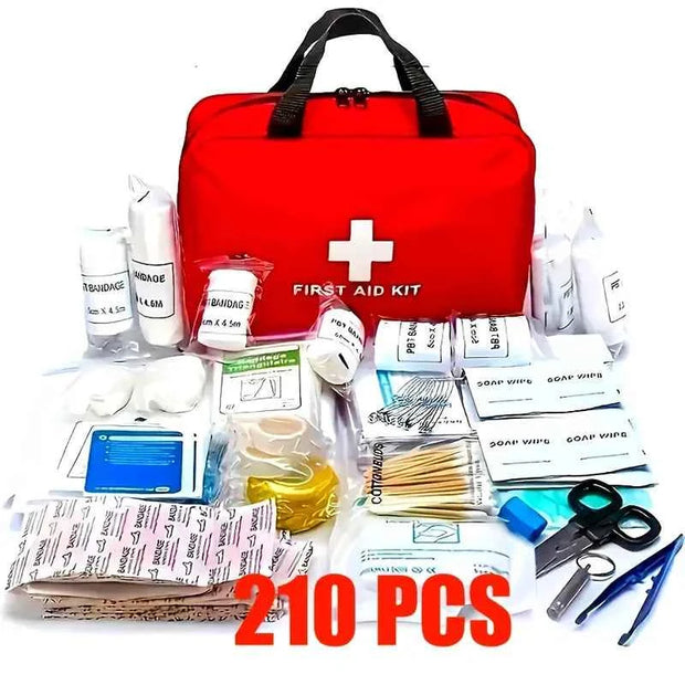 210-Piece Portable First Aid Kit with Red Zippered Medical Bag for Car, Travel and Outdoor Use