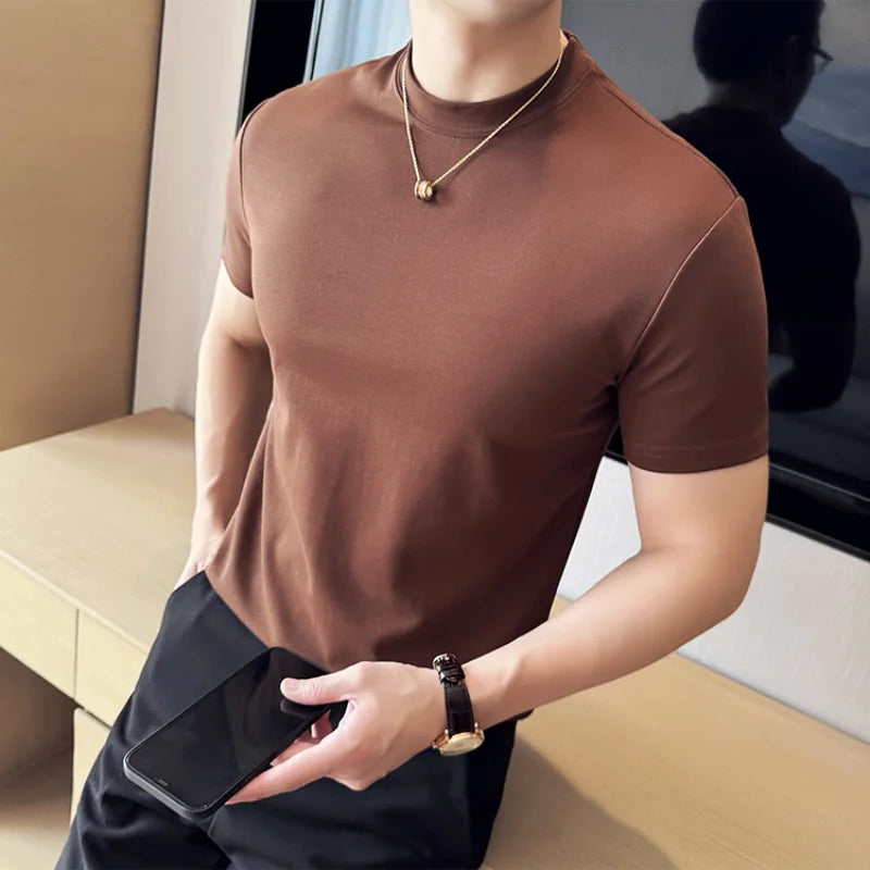 HANKANON Men’s Slim-Fit Short-Sleeve High-Neck 85% Cotton Stretch T-Shirt