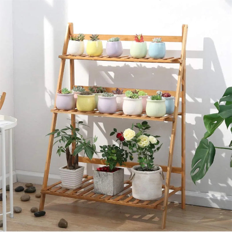 3-Tier Ladder Plant Stand – Natural Wood-Tone Slatted Flower Pot Display Rack