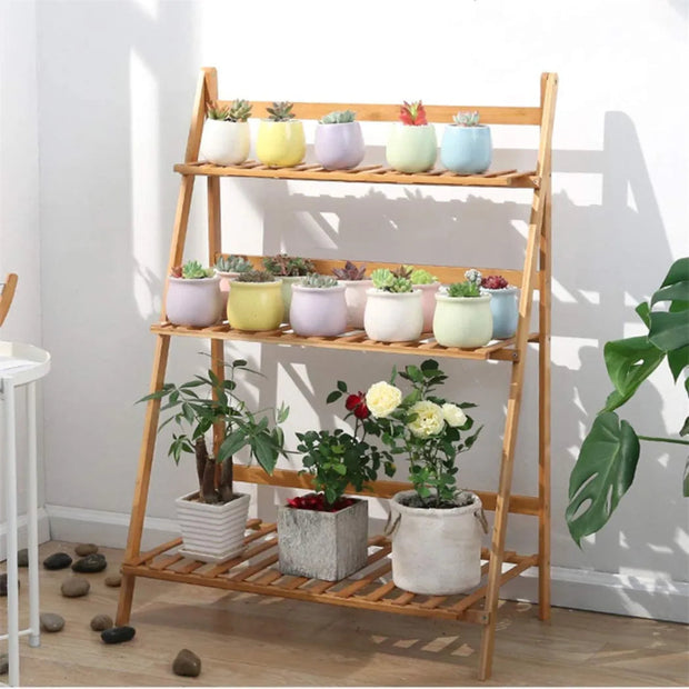 3-Tier Ladder Plant Stand – Natural Wood-Tone Slatted Flower Pot Display Rack