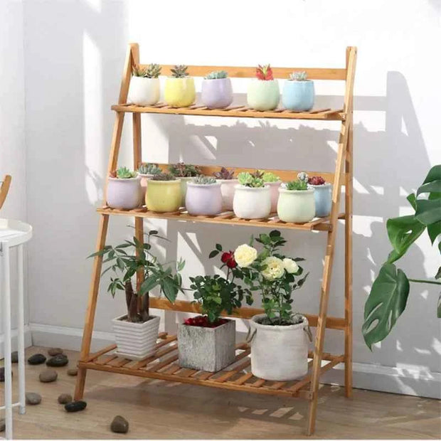 3-Tier Ladder Plant Stand – Natural Wood-Tone Slatted Flower Pot Display Rack