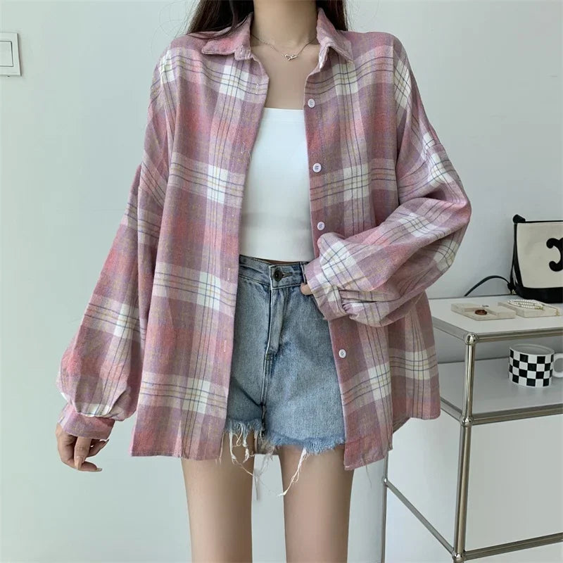Women's Plaid Button-Up Shirt – Long Sleeve Loose Fit Casual Blouse