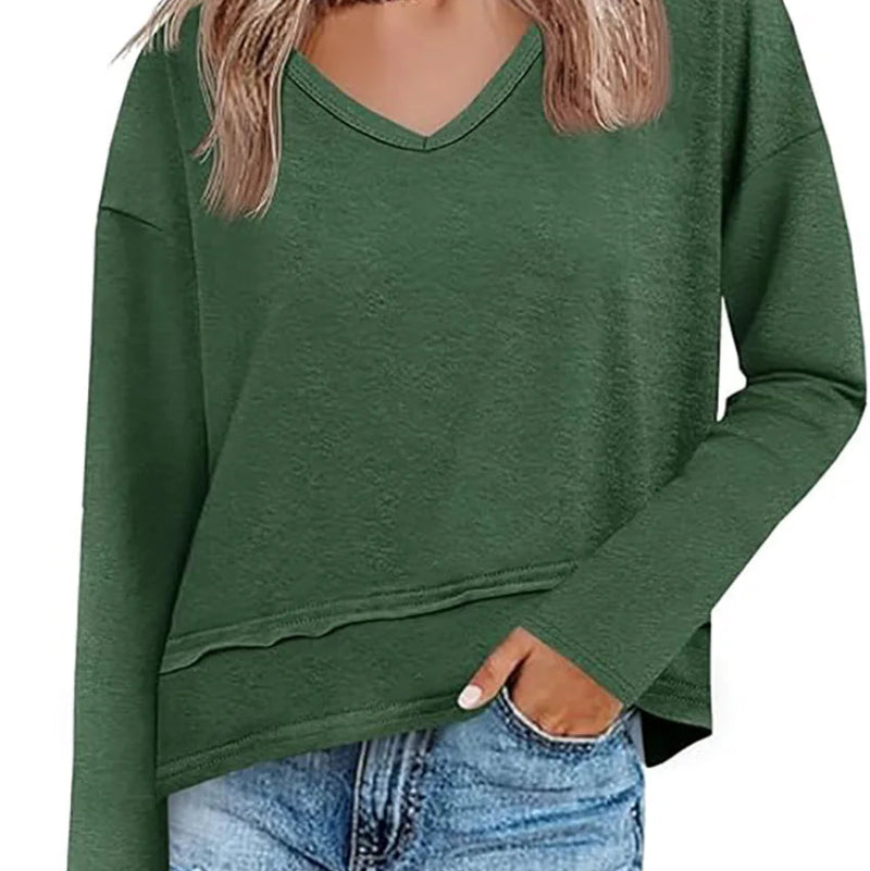 Women's V-Neck Long Sleeve Crop Top – Loose Fit Raw Hem Casual T-Shirt