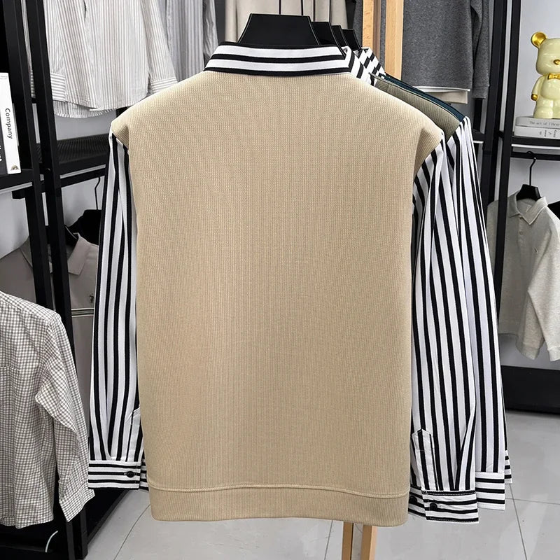 Men’s Business Casual Striped Long Sleeve Shirt with Sweater Vest – Fake Two-Piece Top