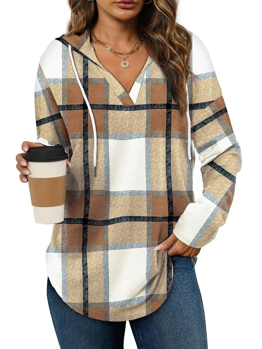 Women's Plus Size Plaid Hooded Tunic – Long Sleeve Drawstring Pullover Top