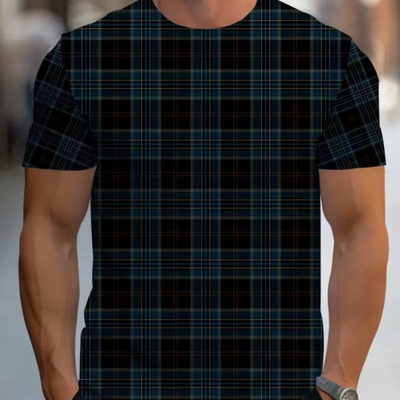 Men’s Geometric Striped & Plaid Short Sleeve T-Shirt with Size Guide