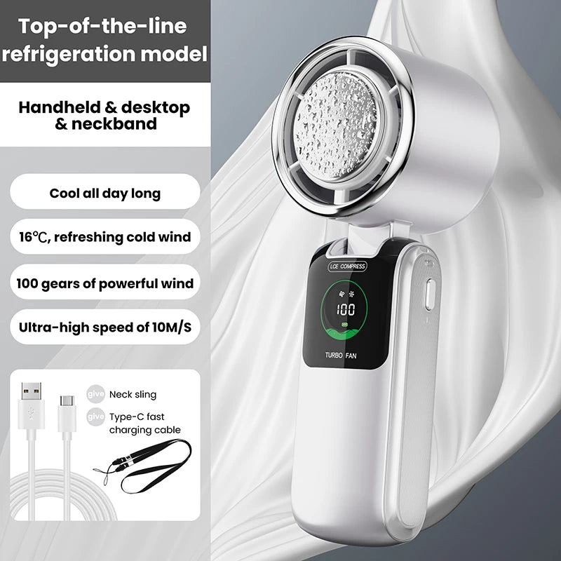 100-Speed Folding Handheld Cooling Fan with TEC Ice Cooling, LED Display & Neck-Hanging Design