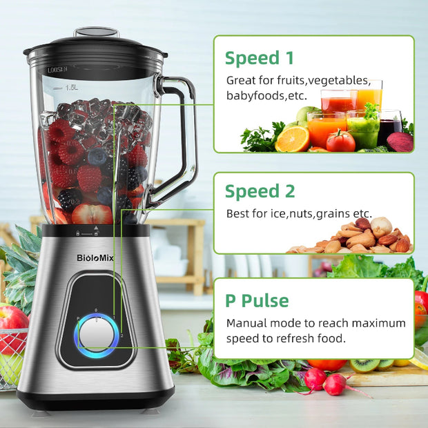 BioloMix 1300W Smoothie Maker with 1.5L Glass Jar, Personal Blending Bottle and US Plug