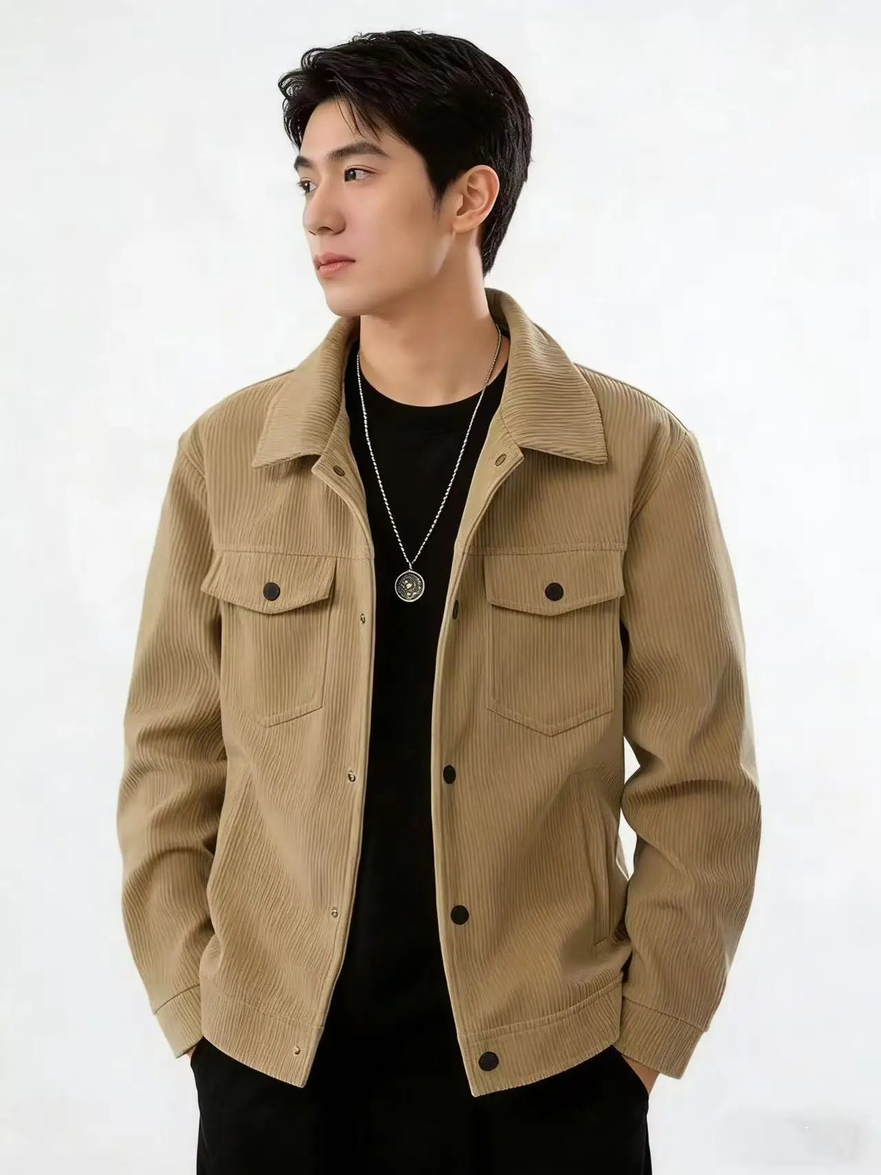 Men’s Textured Button-Up Jacket – Collared Casual Outerwear with Chest Pockets
