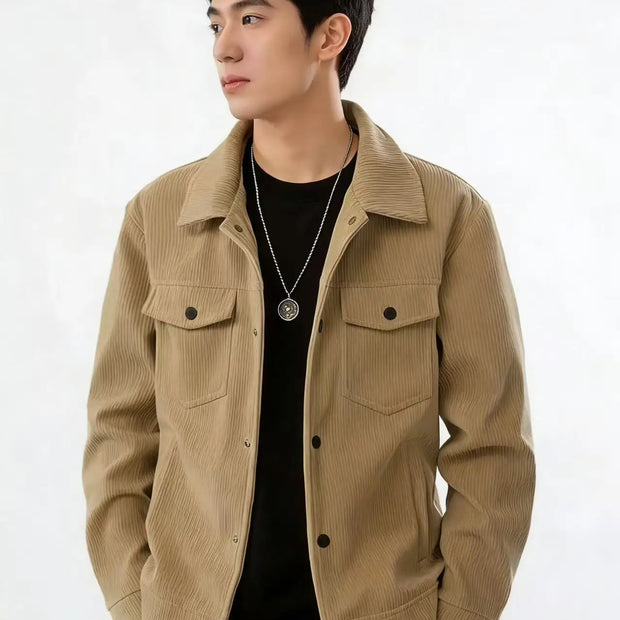 Men’s Textured Button-Up Jacket – Collared Casual Outerwear with Chest Pockets