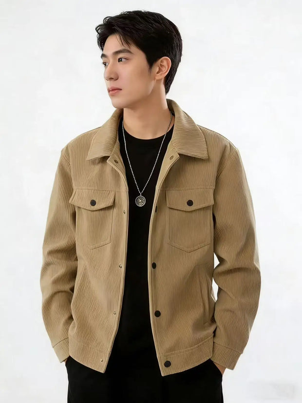 Men’s Textured Button-Up Jacket – Collared Casual Outerwear with Chest Pockets