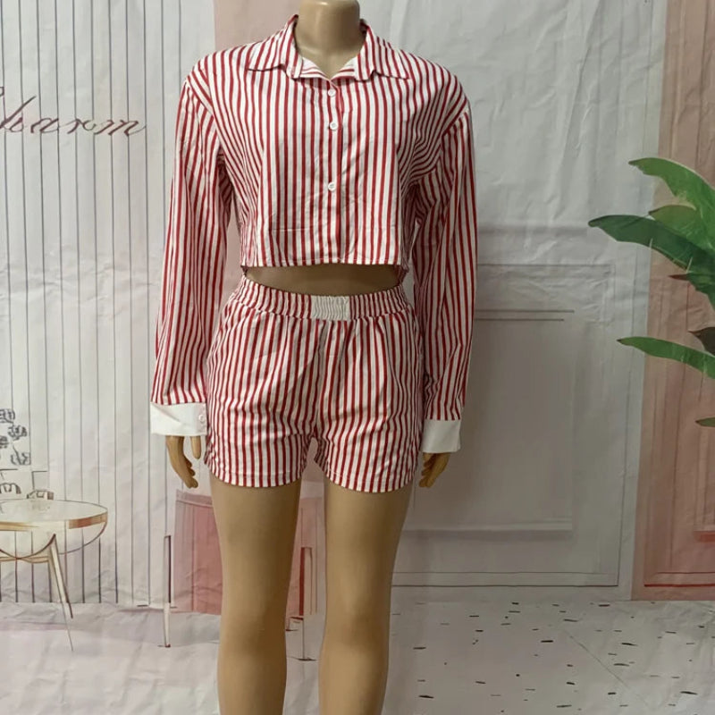 Striped Button-Up Crop Top & Shorts Set