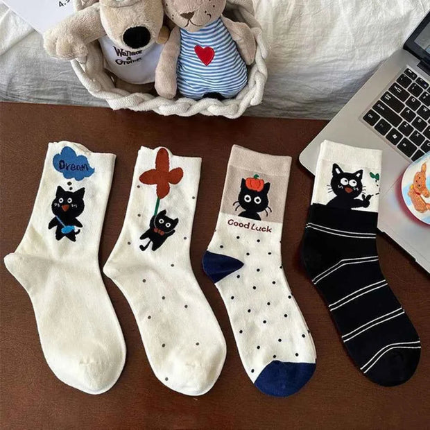 4 Pairs Mid-calf Socks Spring Cat Korean-style Cute Socks with Personality Polka Dots INS Stacked Socks for All Seasons
