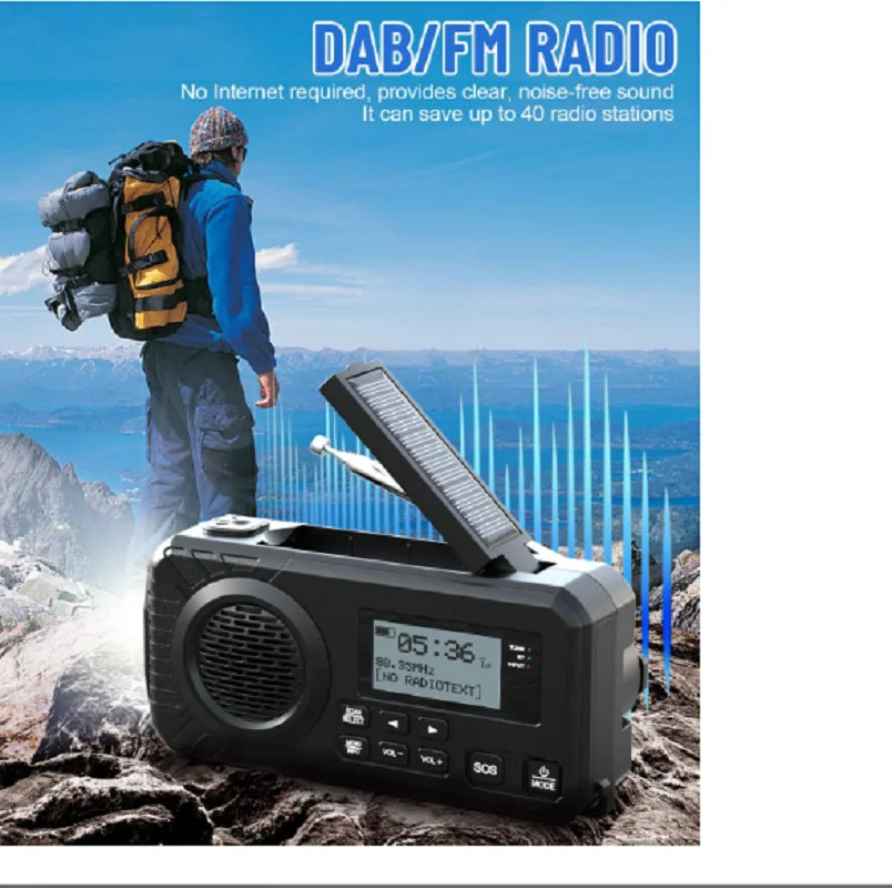 Sayin Solar Hand Crank Emergency Radio – 5000mAh Power Bank, DAB+/FM, Bluetooth & LED Flashlight