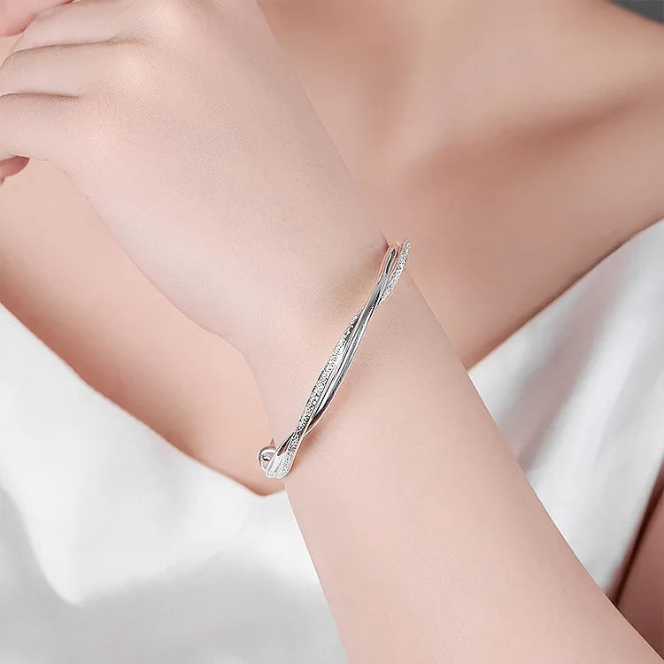 Silver-Tone Twisted Bangle Bracelet – Polished Textured Open Wrist Bracelet