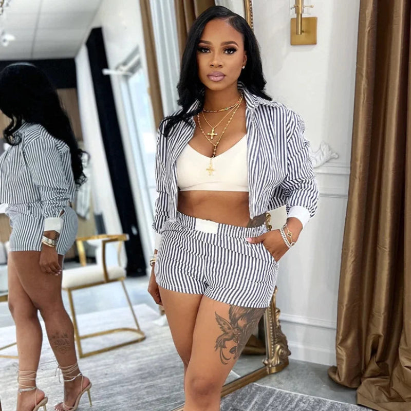 Striped Button-Up Crop Top & Shorts Set