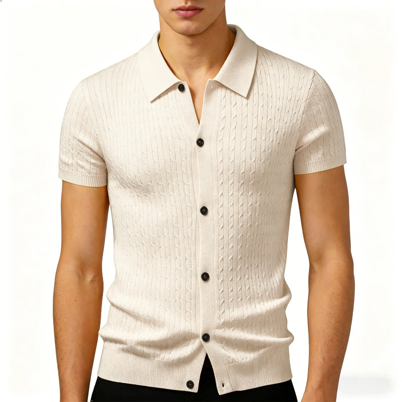 Men’s Textured Knit Short-Sleeve Button-Up Shirt with Turn-Down Collar