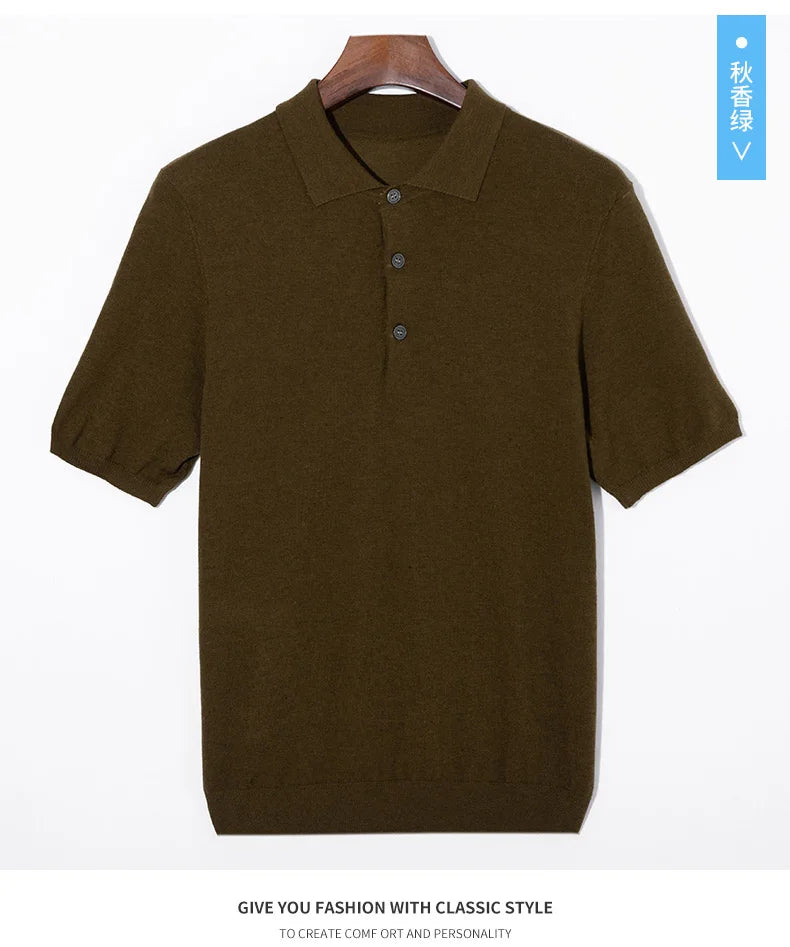 Men’s Short-Sleeve Knit Polo Sweater with Button Placket and Ribbed Hem