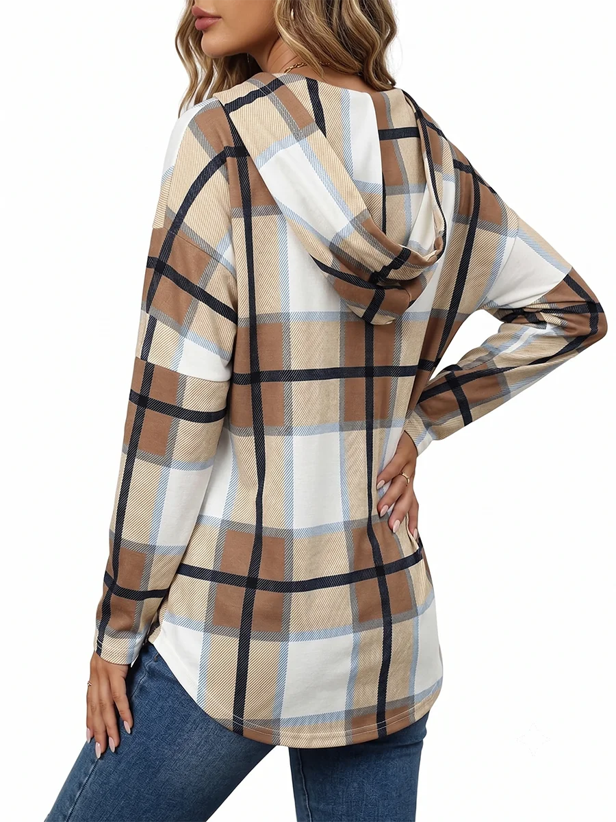 Women's Plus Size Plaid Hooded Tunic – Long Sleeve Drawstring Pullover Top