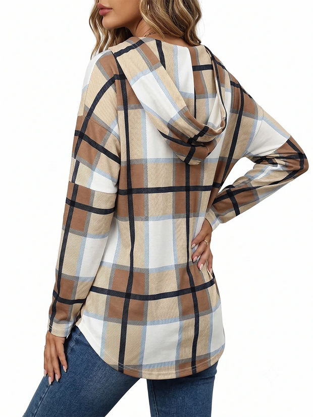 Women's Plus Size Plaid Hooded Tunic – Long Sleeve Drawstring Pullover Top