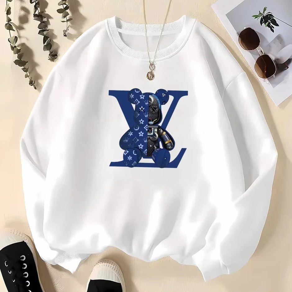 LV Teddy Bear Graphic Crew Neck Pullover Sweatshirt – Black & White