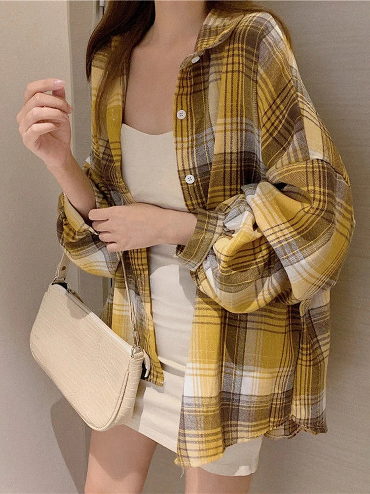 Women's Plaid Button-Up Shirt – Long Sleeve Loose Fit Casual Blouse