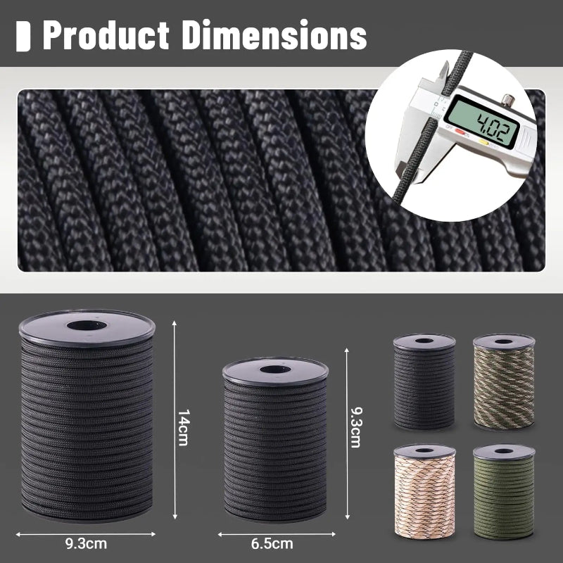 30/50/100M 4mm Paracord 9 Core 650 Military Standard Parachute Rope for Camping, Survival, DIY Bracelets & Outdoor Use