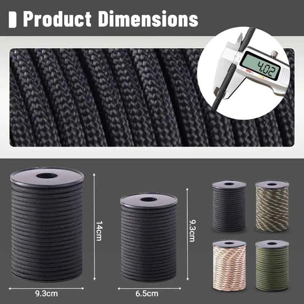 30/50/100M 4mm Paracord 9 Core 650 Military Standard Parachute Rope for Camping, Survival, DIY Bracelets & Outdoor Use